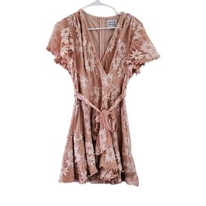 Hello Molly Women's 6 Blush White Darling Embroidered Lace Overlay Mini Dress